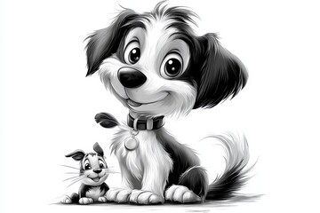 Naklejka premium Adorable pets in a playful scene, black and white, line art, cute, lively, animal companions, heartwarming moments ::1.4 dogs, cats, rabbits, hamsters, playful antics
