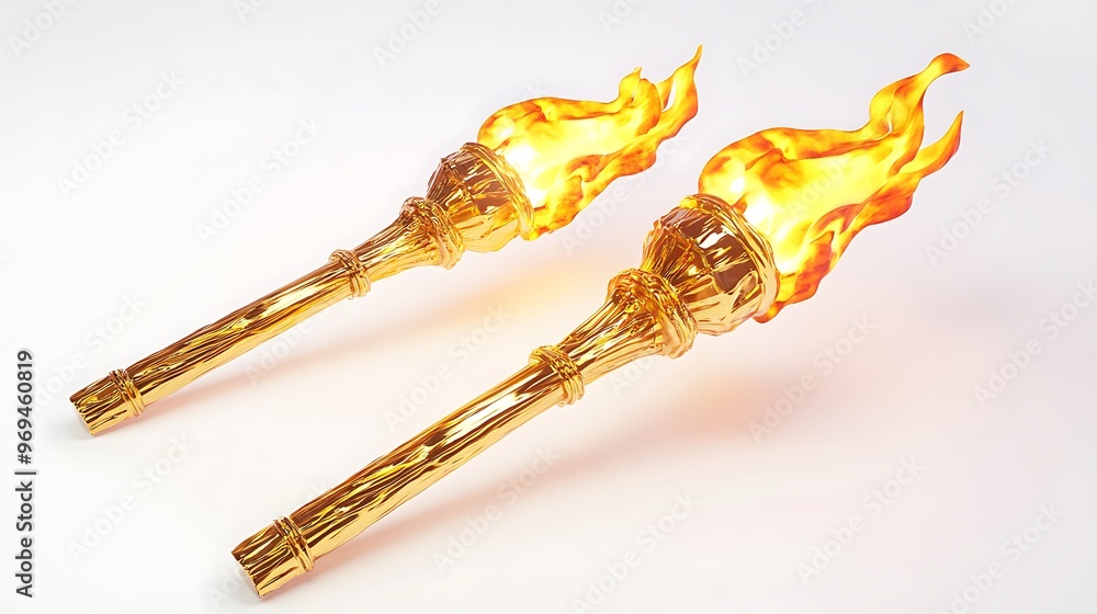 Poster illuminating success - 3d rendering of flaming golden torches on white background