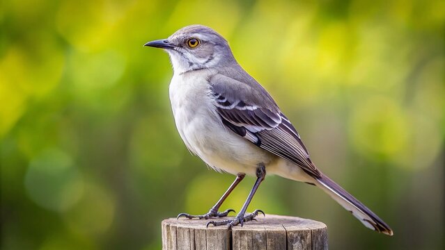 A solitary grey and white mockingbird perches on a rustic wooden fence post, looking directly at the camera