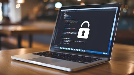 Laptop with Security Lock Icon on Screen  Close Up