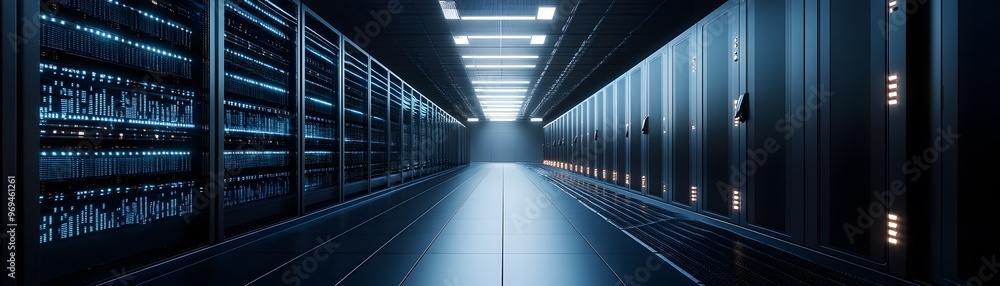 Poster futuristic data center hallway with rows of servers and cool lighting, showcasing technology and inn