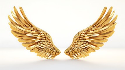 Glowing Golden Wings of Freedom - Symbolic 3D Render on White Background