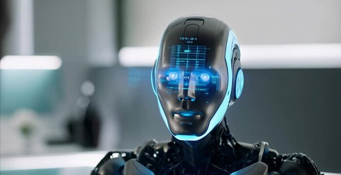 A humanoid robot with blue eyes stands at an exhibition and speaks, blurred background