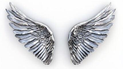 Shining Silver Wings of Freedom and Achievement - 3D Rendering on White Background