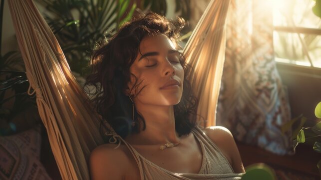 A young woman relaxes in a hammock surrounded by lush green plants and warm sunlight, enjoying a peaceful moment of calm and tranquility.