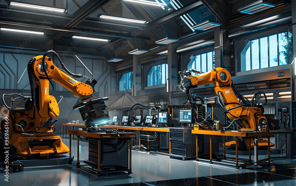 Poster futuristic factory scene featuring advanced robotic arms working on assembly lines with bright light