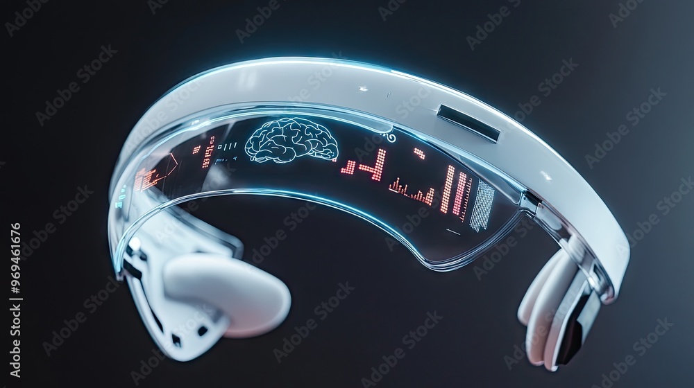 Poster futuristic health-tracking headset with built-in eeg sensors, visualizing brainwave activity on a tr