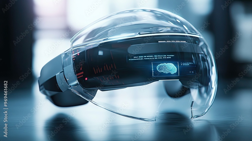 Poster futuristic health-tracking headset with built-in eeg sensors, visualizing brainwave activity on a tr