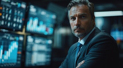 Businessman presenting false financial data to colleagues, deceitful corporate environment.