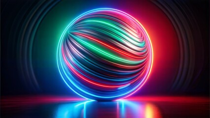 Vibrant glowing sphere with swirling patterns and neon lights on a reflective surface for modern digital art
