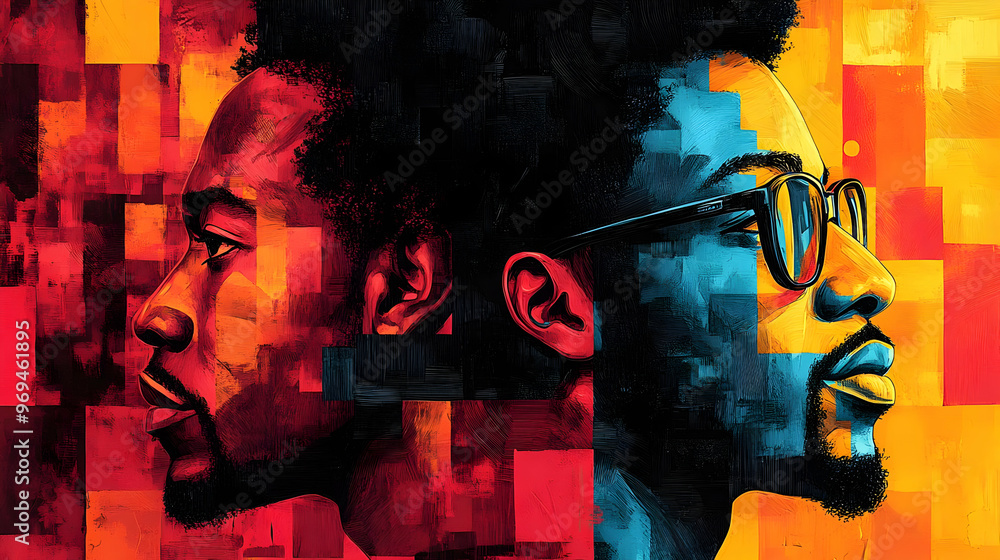 Poster a vibrant portrait showcasing two men in profile, emphasizing color and expression.