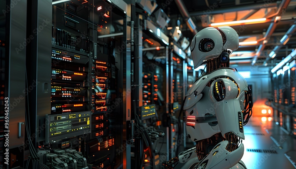 Poster futuristic robot analyzing data in a high-tech server room with illuminated servers and a modern dig
