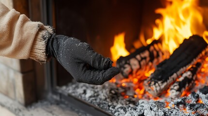 A person in gloves adds logs to a cozy fireplace to maintain warmth during a chilly evening in a rustic living room