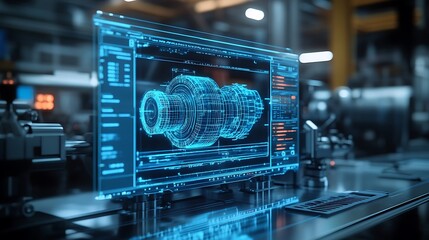A computer screen displaying a 3D model of a machine part in a factory setting.