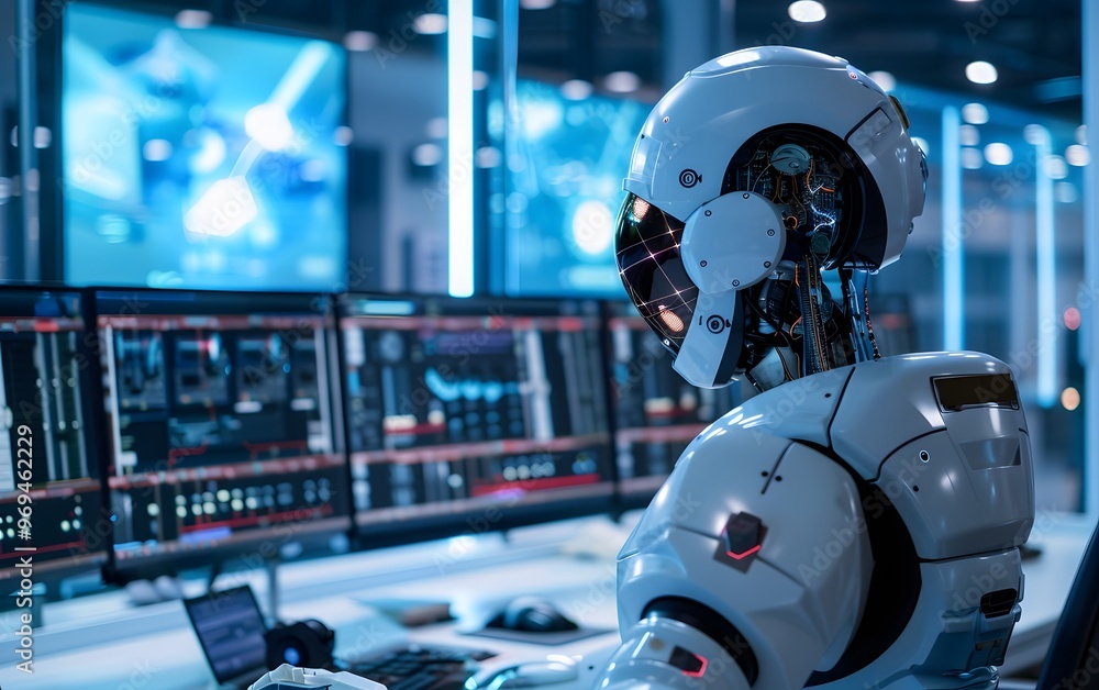 Poster futuristic robot in a high-tech environment operates multiple screens, showcasing advanced technolog
