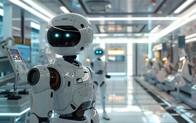 Fototapeta premium Futuristic robot in a high-tech lab, showcasing advanced technology and artificial intelligence in a sleek design.