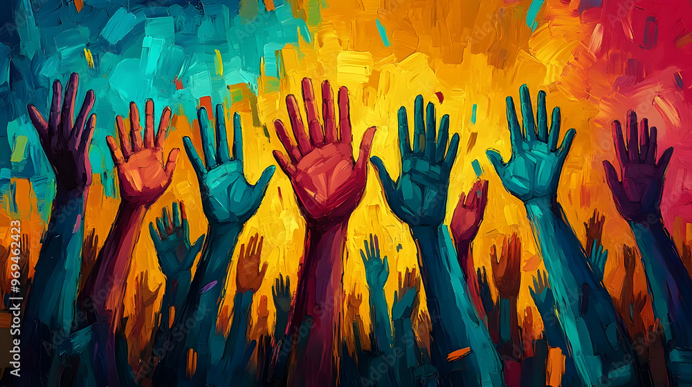 Poster a vibrant representation of raised hands symbolizing unity and collective action.