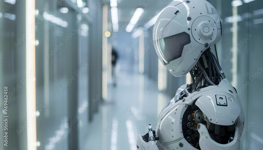 Aufkleber futuristic robot standing in a sleek corridor, showcasing advanced technology and innovative design 