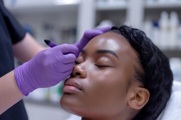 Close-up of a professional microblading treatment on a client with closed eyes, handled by a specialist in gloves.