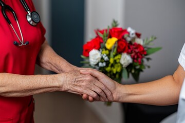 A nurse gently holding the hand of an elderly patient, offering comfort and reassurance during a difficult moment in a care home