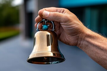 A patient ringing the bell in a cancer treatment center, signifying the completion of prostate cancer therapy and the start of recovery
