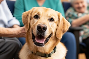 A pet therapy session in a care home, with a dog happily interacting with residents, bringing smiles and comfort to everyone around