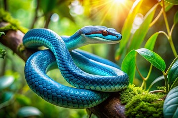Fototapeta premium A vibrant blue serpent snake slithers through a lush green forest, its iridescent scales glimmering in the dappled