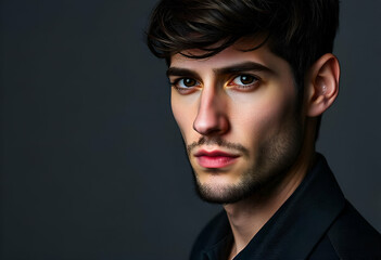 Obraz premium Close up of male model, nice haircut, gray background, studio shot, serious look looking at camera