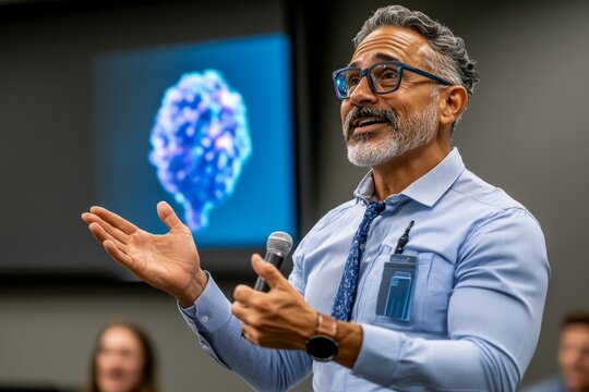 A prostate cancer advocate giving a speech, educating the public about the importance of awareness, screening, and funding for research
