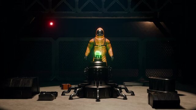 Person wearing Hazmat suit walking towards a glowing green Radioactive rock in a dark mysterious facility 01