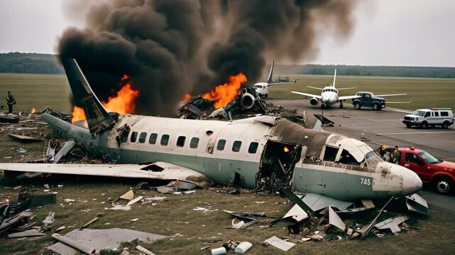 Passenger plane crashed. Wreckage of airplane lies in field. Sad scene. The aftermath of a terrible aircraft fall. Gloomy atmosphere. Bad accident concept. Fire and smoke around. Rescuers arrived