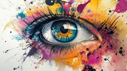 Generative AI concept featuring a human eye surrounded by colorful ink splashes, combining art and technology in an abstract,