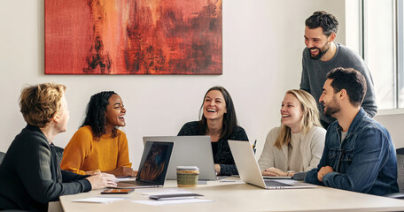 A group of diverse coworkers laugh together during a meeting. They are all smiling and looking at each other, enjoying their time together. There are laptops and coffee cups on the table, suggesting t