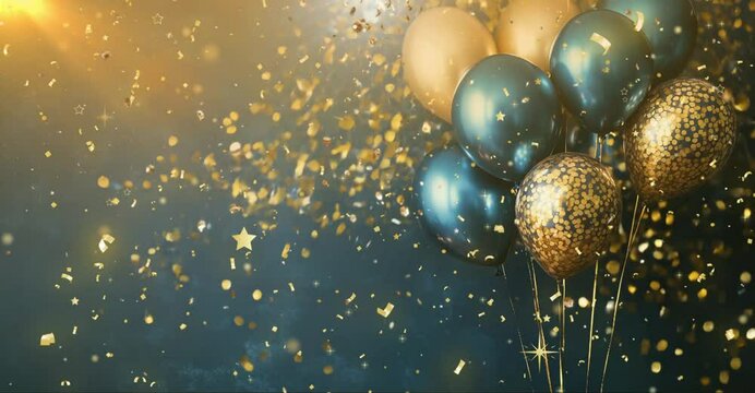 Blue and gold festive birthday party animated video background with balloons, shiny gold confetti and stars, Party or birthday celebration copy space template, greeting card	
