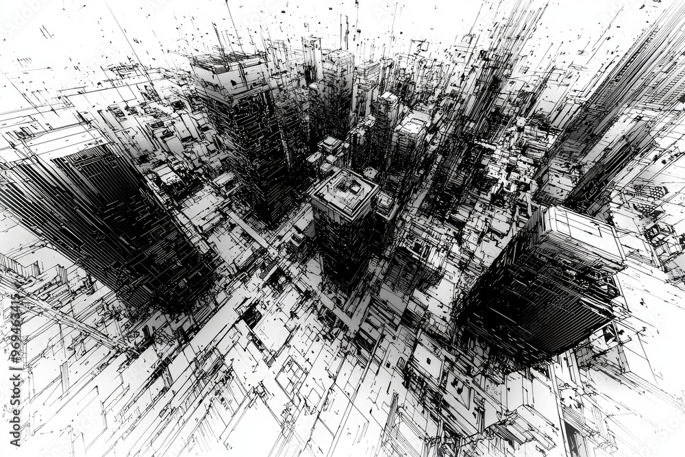 Poster abstract cityscape illustration featuring geometric structures and dynamic lines in black and white,
