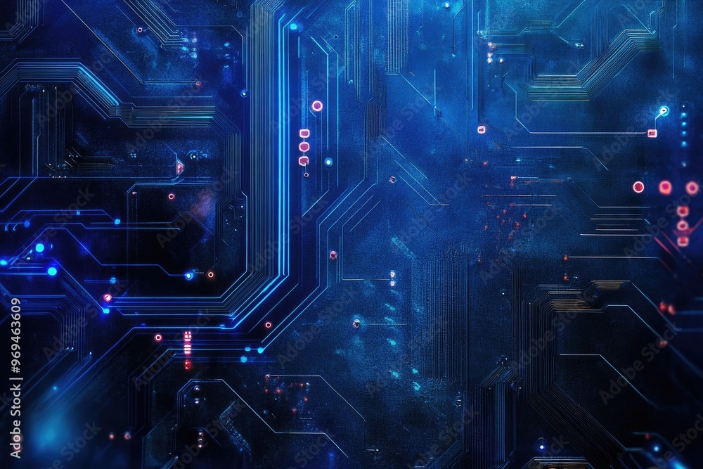 Poster abstract technology background featuring glowing circuit patterns and intricate designs in vibrant b