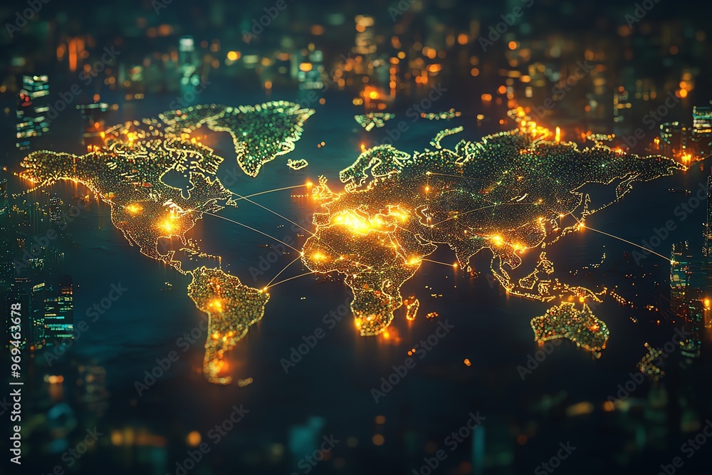 Aufkleber a digital illustration of a glowing world map with lines connecting various cities.