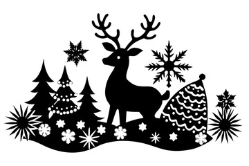 Christmas Ornament Silhouettes - Black Reindeer Illustration Vector on White Background, Perfect for Festive Designs, Holiday Cards, Seasonal Projects, Home Decor, Invitations, and Digital Artwork