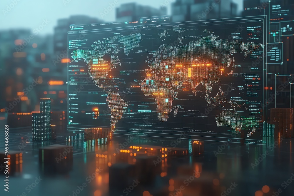 Leinwandbilder a digital map of the world with data and code surrounding it.