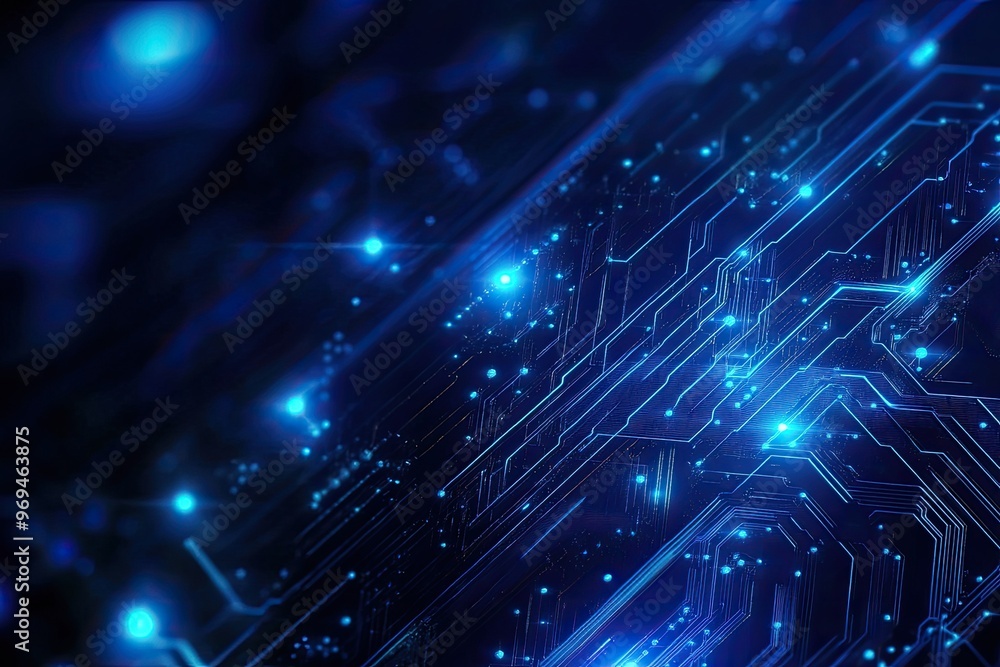 Poster close-up of a glowing blue circuit board with intricate patterns, representing technology and digita