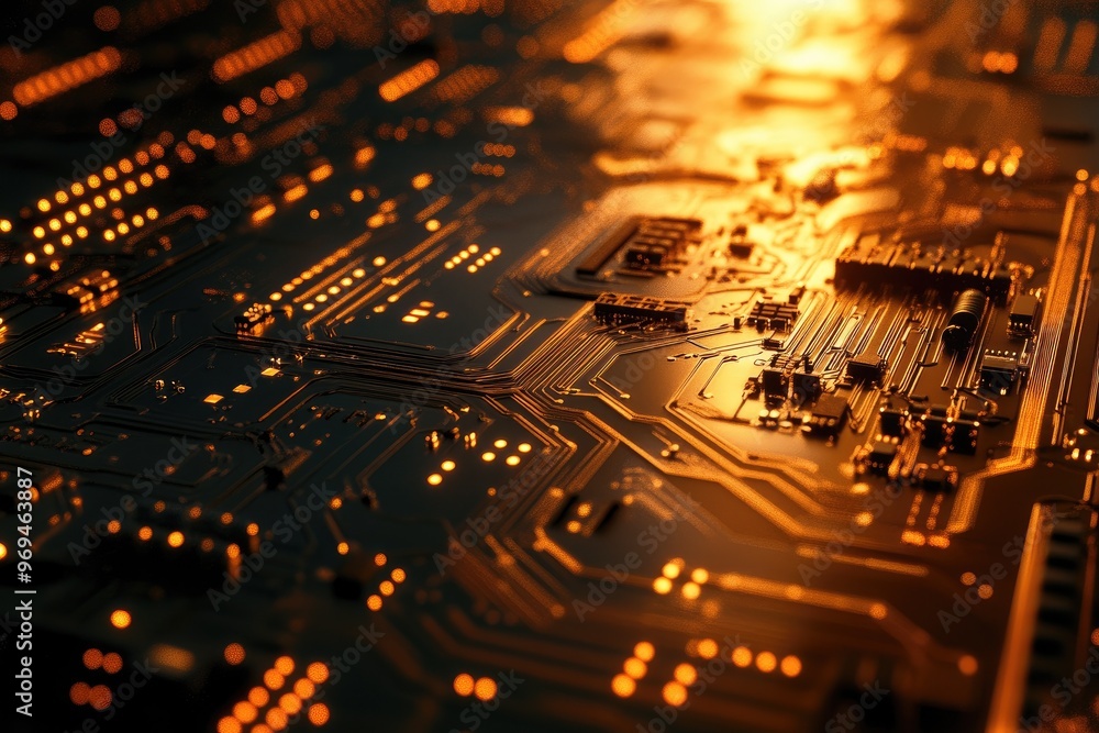 Aufkleber close-up of a glowing circuit board showcasing intricate patterns and vibrant lights, symbolizing ad