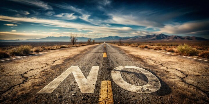 A weathered, worn, and faded "No" symbol stands alone on a dusty, barren road, conveying a sense of