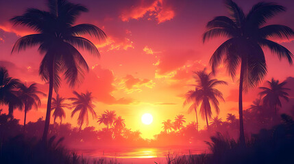 A vibrant sunset over a tropical landscape with palm trees.