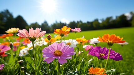 Obraz premium Sunlight illuminating a blooming field of flowers on a freshly cut lawn, vivid colors contrasting with the green grass, perfect for seasonal designs