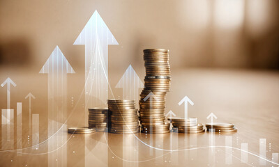 Stock funding or money saving graph with coins. Background for business ideas and design. Chart for financial investment concept