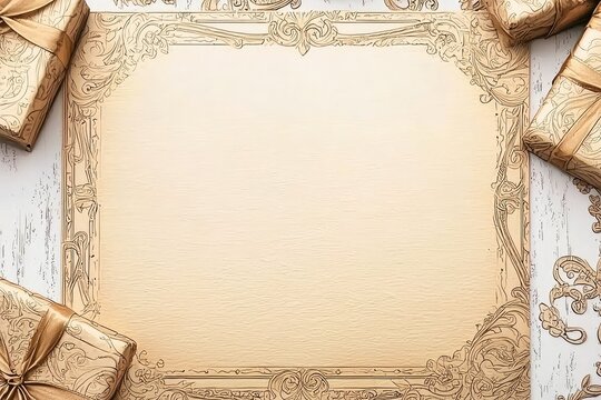 Elegant decorative background with golden gifts and vintage border, perfect for invitations, announcements, or festive celebrations.