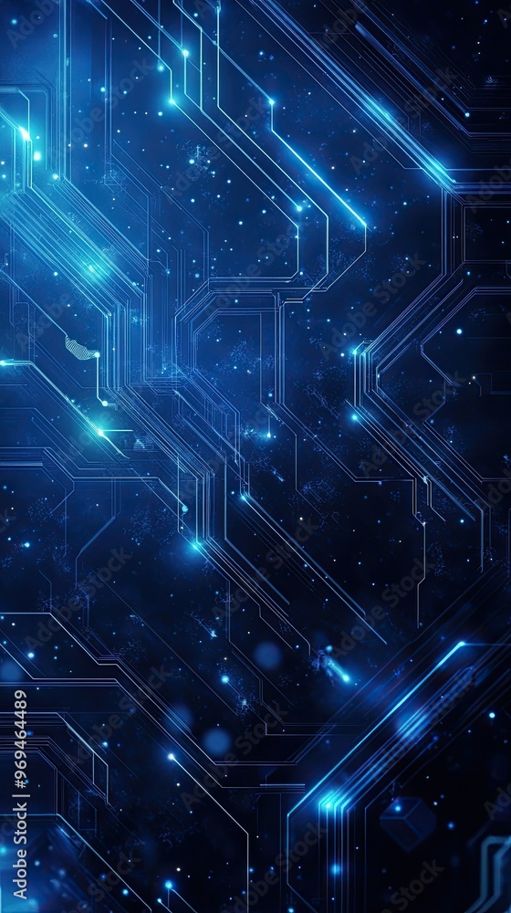Poster futuristic blue digital circuit background with intricate patterns and glowing elements, ideal for t