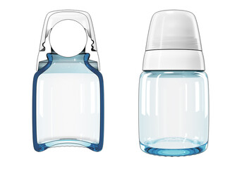 Roll-on deodorant circuitry and realistic mockup. Closed blank clear glass bottle with screw cap. 3d illustration set isolated on white