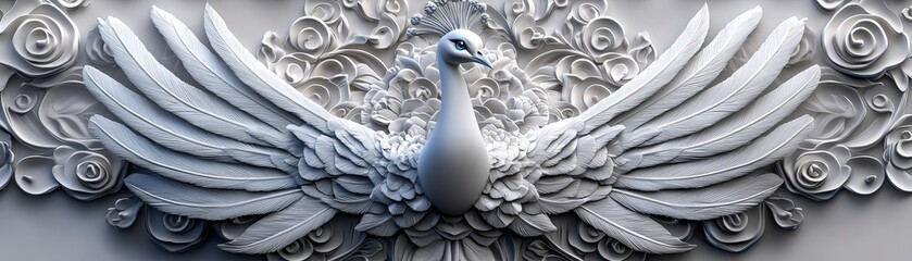 Detailed black and white peacock with intricate feathers, line art, empty coloring book page, elegant, high-quality, nature, beauty::1 elaborate plumage, ornate patterns, regal presence, natural