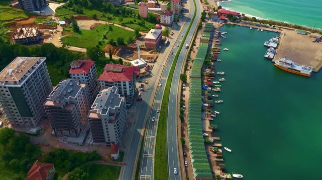 Aerial view a city with a river.